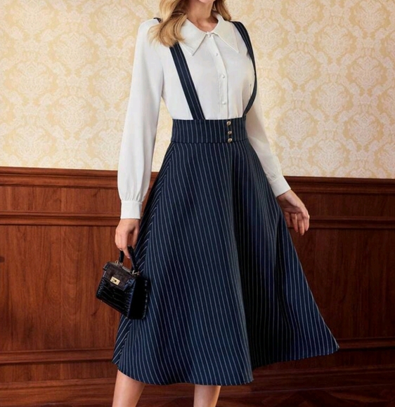 Dresses & Skirts - Retro Classic Elegant Women's Loose Overall Dress, Navy Blue Striped,Metal Butto